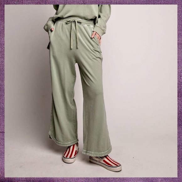EASEL "So Comfy" Side Seams Scooped Hem Wide Leg Mineral Washed Pants Drawstring - Picture 8 of 16